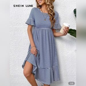 SHEIN Blue and White Striped Midi Dress Womens Medium